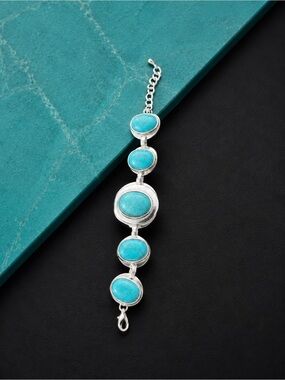 Turquoise Stone Link Bracelet with Silver Settings - Women Jewelry
